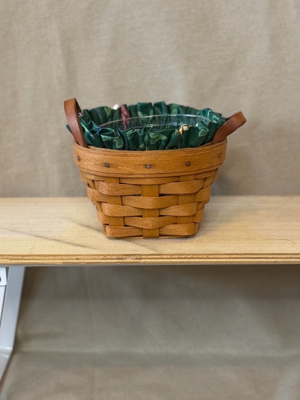 Longaberger Brown Woven Basket with Green Fabric Liner